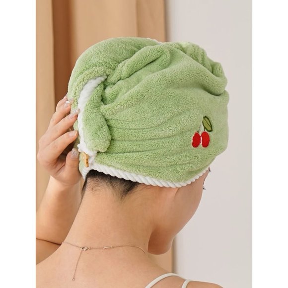 GREEN CHERRY EMBROIDERY HAIR TOWEL 1 PIECE - Picture 5 of 5